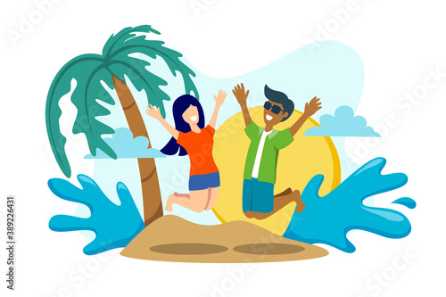Flat illustration of boy and girl enjoy summer vacation design for greeting card, banner, landing page, etc.