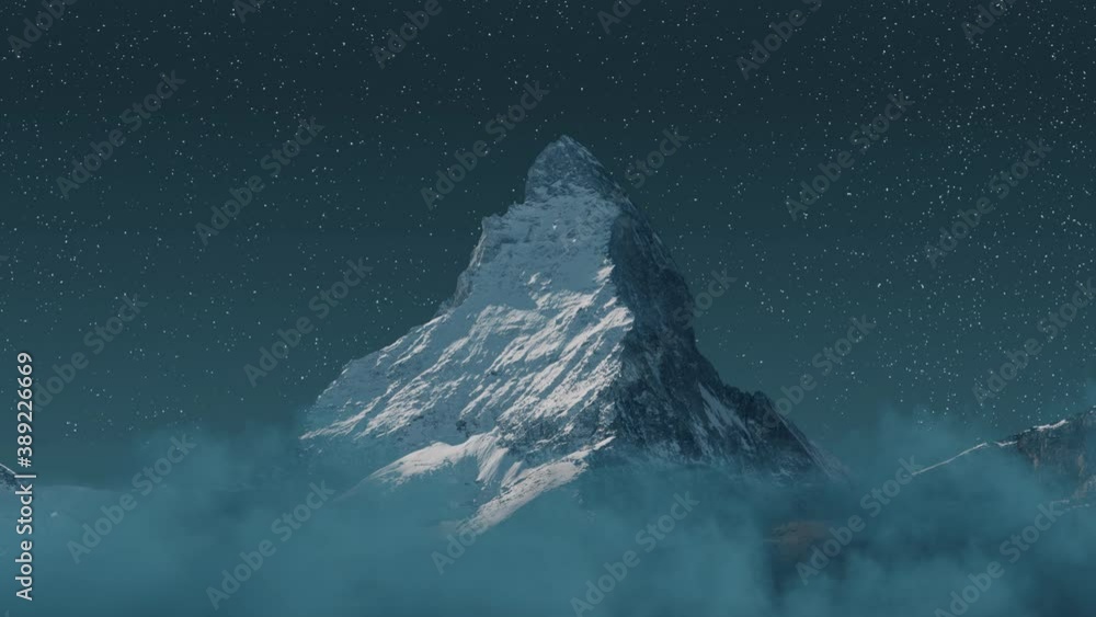 moving over clouds to the majestic Matterhorn mountain at night with shooting stars