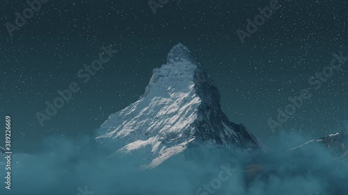 moving over clouds to the majestic Matterhorn mountain at night with shooting stars
