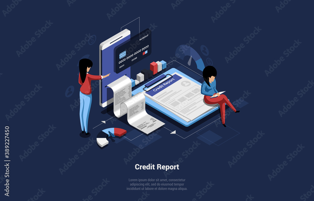 Vector Illustration Of Two Businesswomen Characters Working On Credit Report. 3D Composition Cartoon Style. Isometric People Near Smartphone And Cheque With Information. Chart, Diagram, Infographic Vector Illustration Of Two Businesswomen Characters Working On Credit Report. 3D Composition Cartoon Style. Isometric People Near Smartphone And Cheque With Information. Chart, Diagram, Infographic