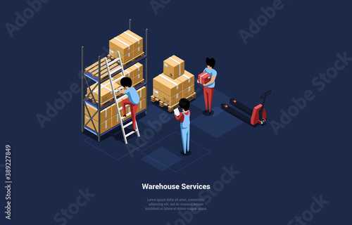 Warehouse Services Illustration In 3D Cartoon Style With Writing. Isometric Vector Composition On Dark Background. Staff Of Three Men Working In Storage. Different Equipment, Boxes, Packages Around
