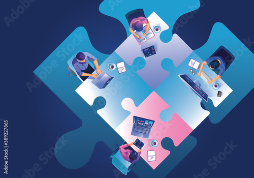 Work from home concept, Top view Young people, man and woman freelancers working on laptops at home. People at home remote work businessmen Staying home Distance, home office, vector illustration 