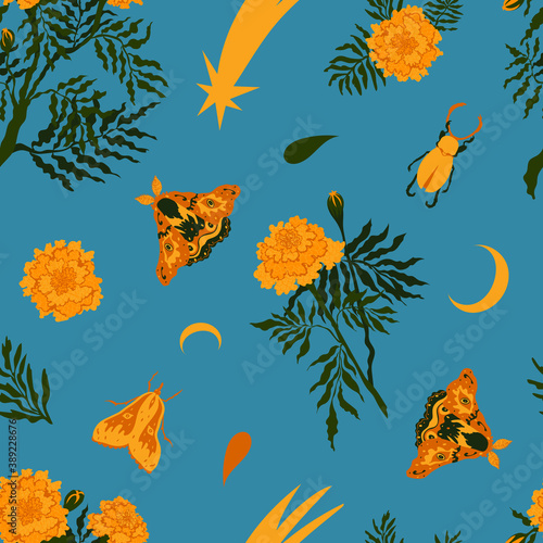 Bright autumnal floral pattern with marigolds  insects  moons and comets on blue background. Autumn flowers  moths  stag beetle.