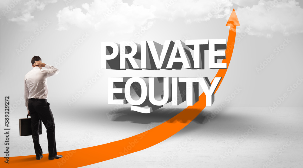 Rear view of a businessman standing in front of PRIVATE EQUITY inscription, successful business concept