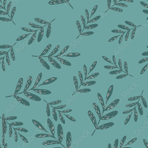 Seamless random pattern with simple floral branches. Blue pale background. Grey foliage ornament.