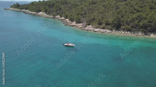 Aerial view on the beautiful bay with boat on Rab island in Croatia. Sunny day