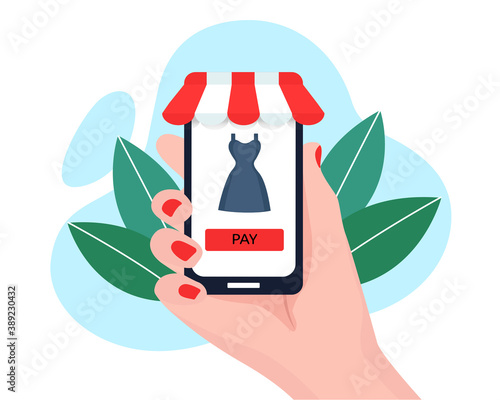 payment for online purchases. man pays for purchases through a smartphone. vector illustration in flat cartoon style