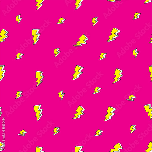Lightning in the pink sky, youth seamless pattern. Cool vector background printing of trendy fabric, casual clothes, wrapping paper.