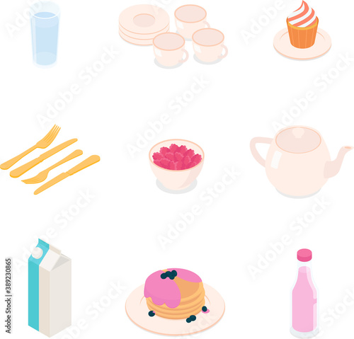 Breakfast set. Isometric vector illustration in flat design.