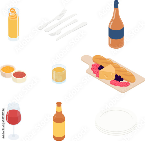 Food and drink set. Isometric vector illustration in flat design.
