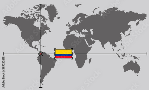 World map with coordinate point positioned by crossed lines on country colombia