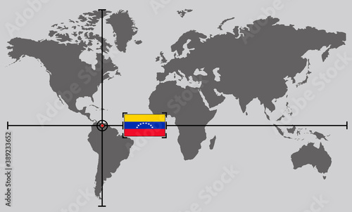World map with coordinate point positioned by crossed lines on country Venezuela