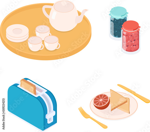 Breakfast set. Isometric vector illustration in flat design.