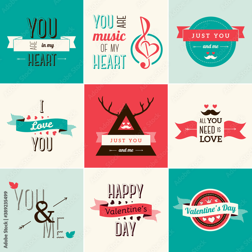 Happy valentines day and weeding cards. Vector illustration. Typographical Background With Ornaments, Hearts, Ribbon and Arrow.