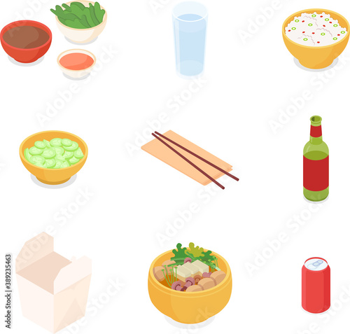 Food and drink set. Isometric vector illustration in flat design.