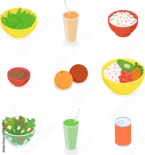 Food and drink set. Isometric vector illustration in flat design.