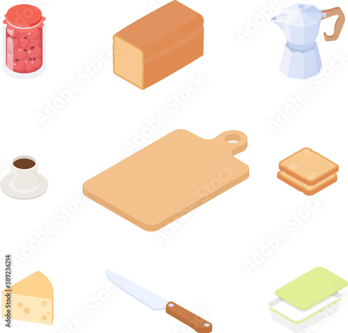 Breakfast set. Isometric vector illustration in flat design.