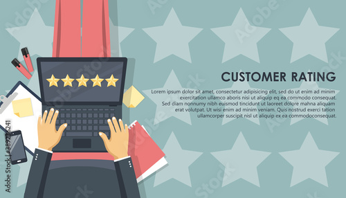 Concept of feedback, testimonials messages and notifications. Rating on customer service illustration. Man sitting on the floor and holding lap top in his lap while giving his five star rating. Vector