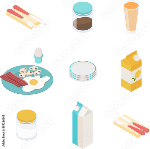 Breakfast set. Isometric vector illustration in flat design.