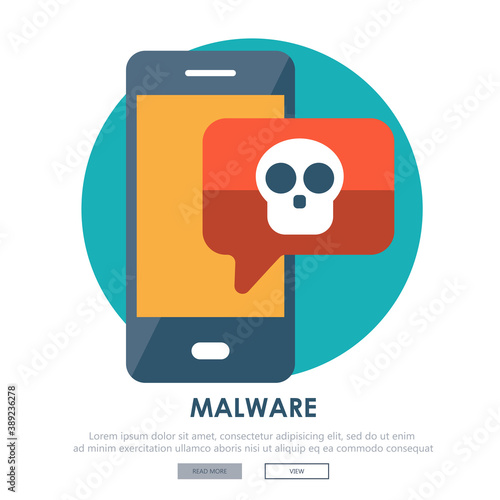 Document with malware in laptop. Concept of virus, piracy, hacking and security. Website banner of e-mail protection, anti-malware software. Flat vector illustration.