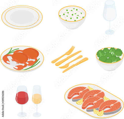Food set. Isometric vector illustration in flat design.