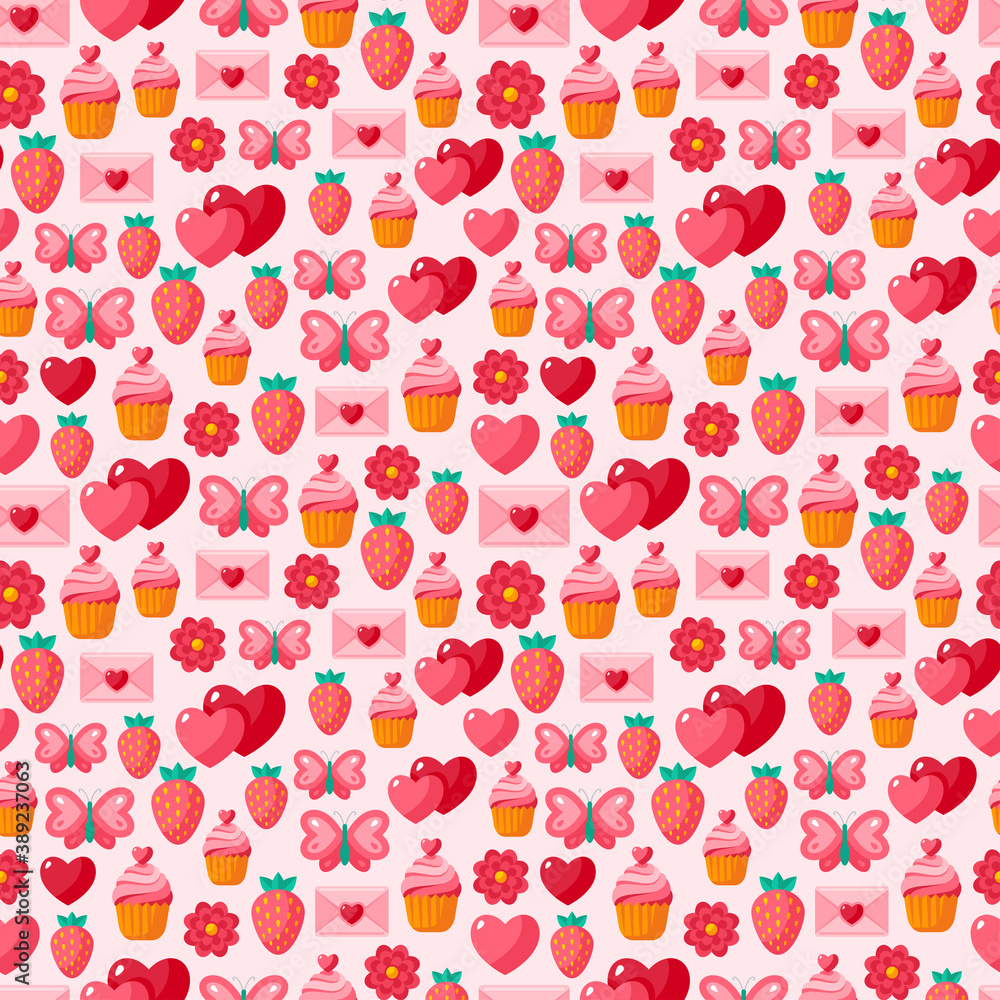 Cute Valentine seamless vintage pattern. Vector illustration for romantic nostalgia design. Happy Valentine's day design with sweet cupcake, love letter, ripe strawberries, butterfly and hearts.