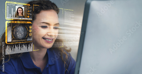Facial recognition technology scan and detect people face for identification . Future concept interface showing digital biometric security system that analyze human face to verify personal data .