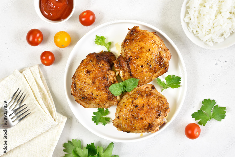 Fried chicken thighs in plate