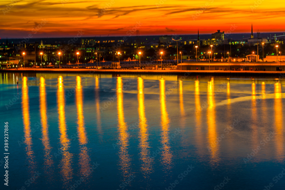 Lights sunset view from Arthur Ravenel Bridge, Charleston South Carolina