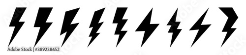 Set of black thunder and bolt lighting flash icon isolated on transparent background