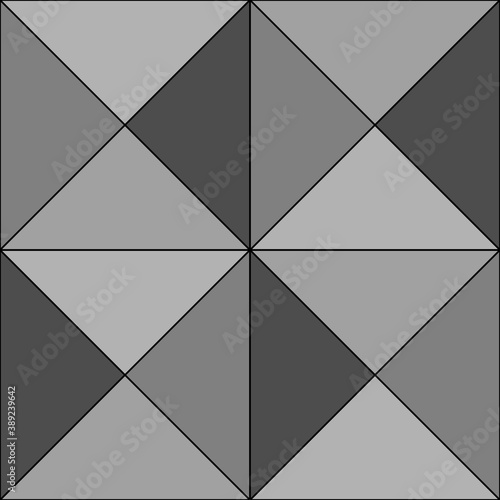 Repeated grey triangles on black background. Triangular blocks wallpaper. Seamless surface pattern design with tiles. Mosaic motif. Digital paper with polygons for page fills, web designing. Vector.