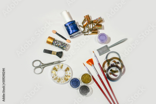 Tools for creating manicure, gel polishes, and all for the creating nails design, the concept of beauty, nails care. Salon Banner on the White Background