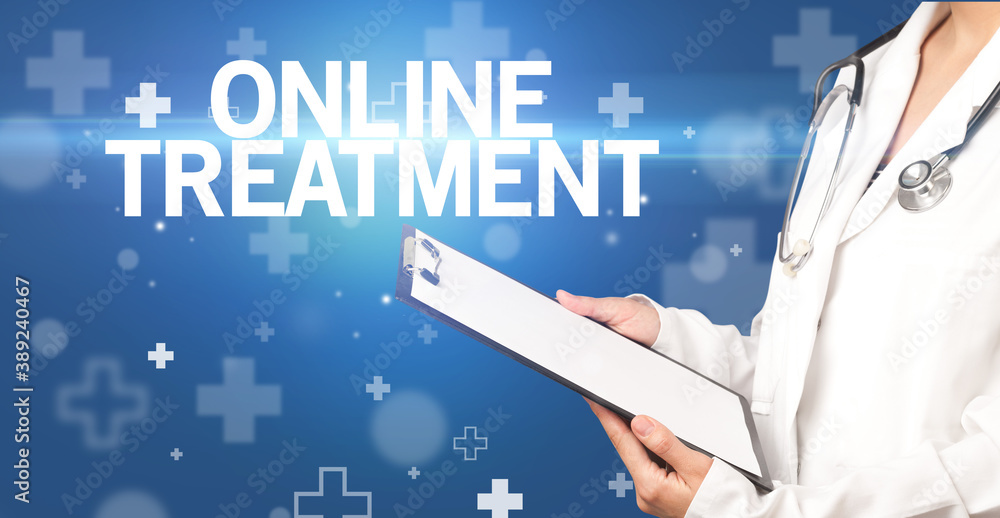doctor writes notes on the clipboard with ONLINE TREATMENT inscription, first aid concept doctor writes notes on the clipboard with ONLINE TREATMENT inscription, first aid concept