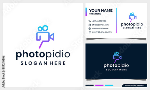 video camera logo for movie cinema production with business card design template	