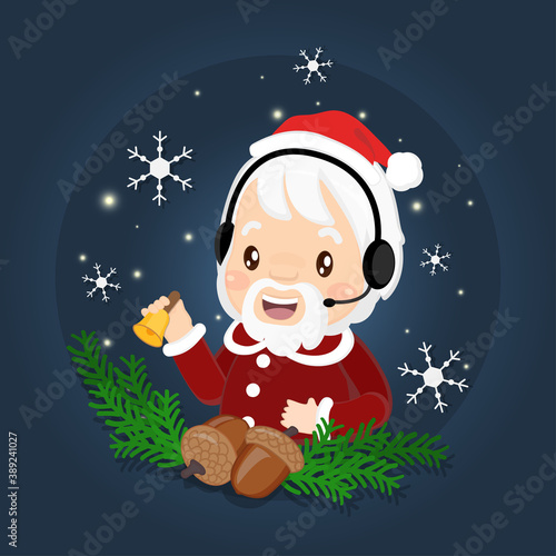 Vector illustration, male call center operator wearing a Santa Claus costume.