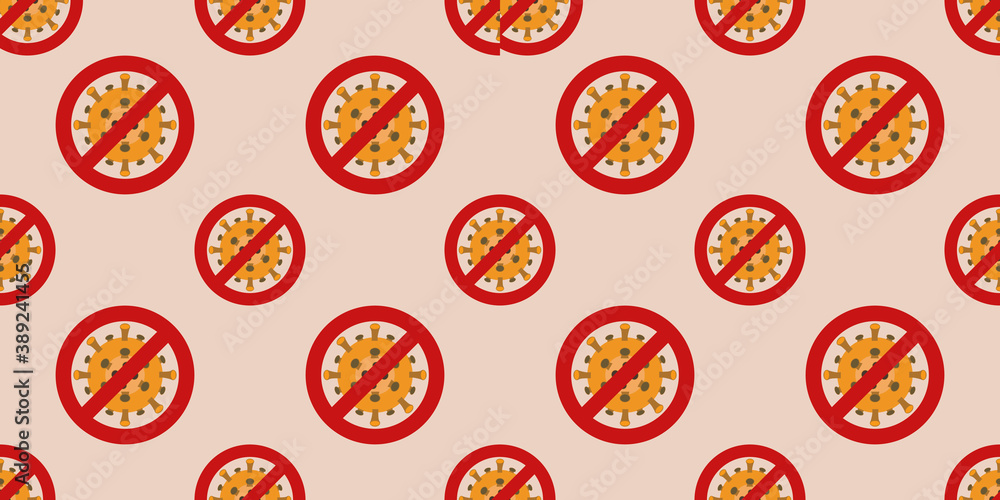 Vector graphic of stop virus sign seamless pattern on light red background. Virus Stop Symbol. Stop coronavirus 2019-nCoV sign. Vector illustration eps10. Vector graphic of stop virus sign seamless pattern on light red background. Virus Stop Symbol. Stop coronavirus 2019-nCoV sign. Vector illustration eps10.