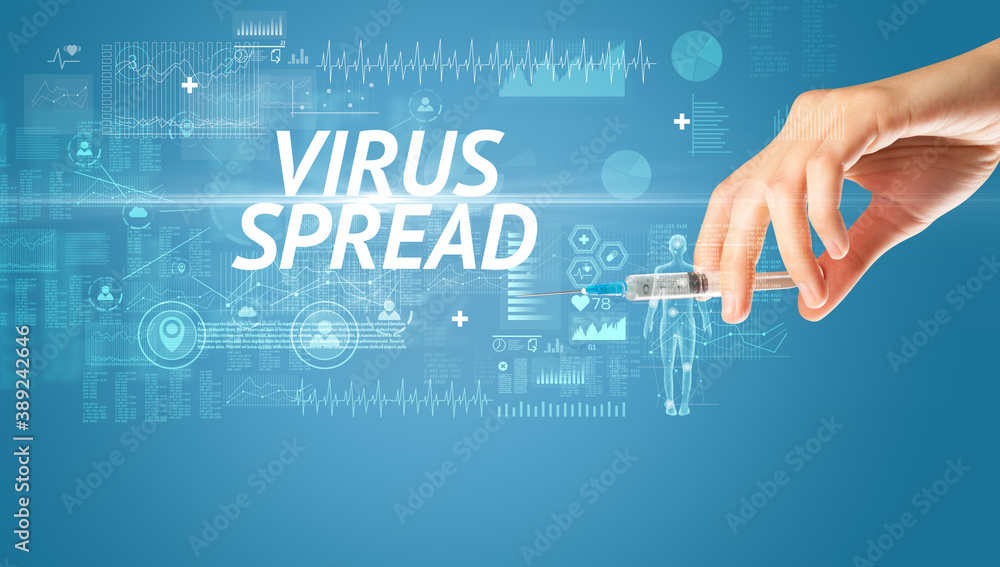 Syringe needle with virus vaccine and VIRUS SPREAD inscription, antidote concept Syringe needle with virus vaccine and VIRUS SPREAD inscription, antidote concept