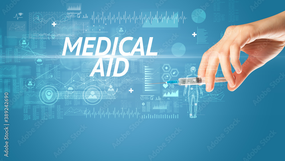 Syringe needle with virus vaccine and MEDICAL AID inscription, antidote concept Syringe needle with virus vaccine and MEDICAL AID inscription, antidote concept