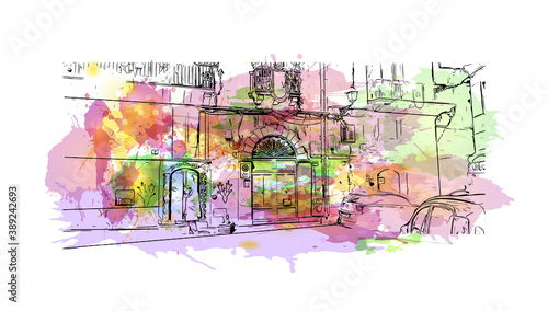 Building view with landmark of Catania is the second largest city in Italy. Watercolor splash with hand drawn sketch illustration in vector. photo