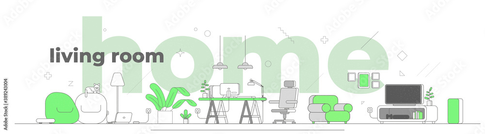 Fototapeta premium Illustration of the room and interior objects in a minimalist style. Linear style. Living room.