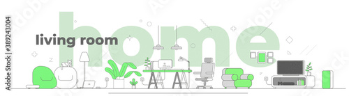 Illustration of the room and interior objects in a minimalist style. Linear style. Living room.