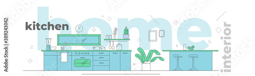 Vector graphics. Illustration of the room and interior objects in a minimalist style. Linear style. Kitchen.