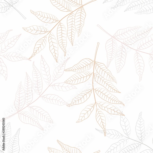 Hand Drawn Seamless Foliage Pattern. Cute background with beige line leaves.