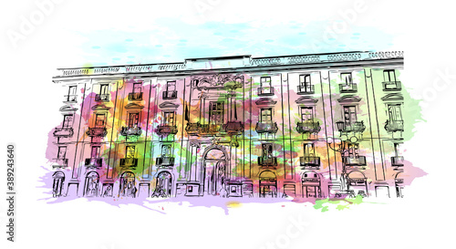 Building view with landmark of Catania is the second largest city in Italy. Watercolor splash with hand drawn sketch illustration in vector.