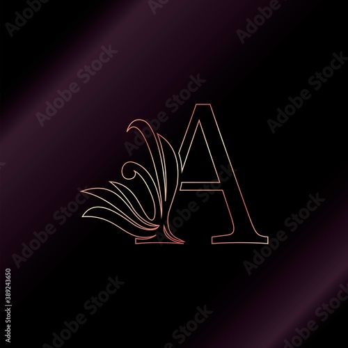 Gold Rose Outline Letter A Luxury Decorative Initial Logo Icon, Elegance Swirl Ornate Design