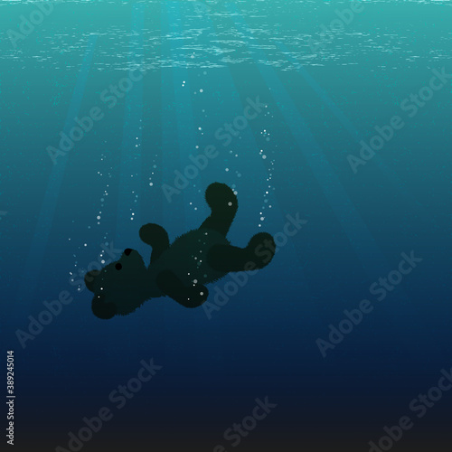 Drowning  underwater plush toy. Teddy bear sinking into the depth of sea. Vector illustration.