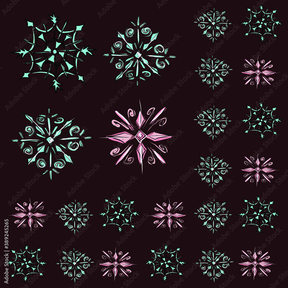 New year, Christmas. Beautiful crystal sparkling snowflake. Blue, turquoise, pink. The elements of the postcards and posters, greeting cards. Isolated vector objects.