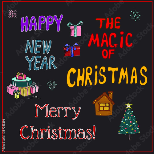 New year, Christmas.The elements of the postcards and posters.The calligraphy lettering text for greeting cards.Isolated vector objects.