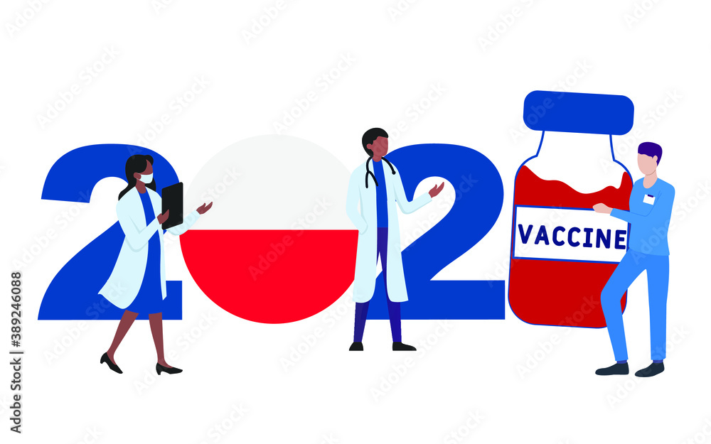 Fototapeta premium 2021 year. Covid-19 vaccine with Poland flag and doctors on white background. Greeting card on the theme of fighting the COVID-19 epidemic with the hope of receiving a vaccine by 2021