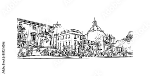 Building view with landmark of Catania is the second largest city in Italy. Hand drawn sketch illustration in vector.
